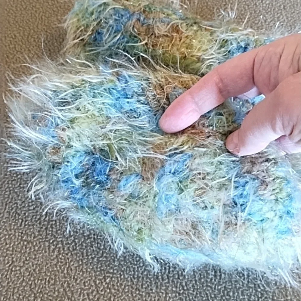 VTG 90s Eyelash Knit Fuzzy Beanie Boho Colorful Winter Hat Blue Green Brown